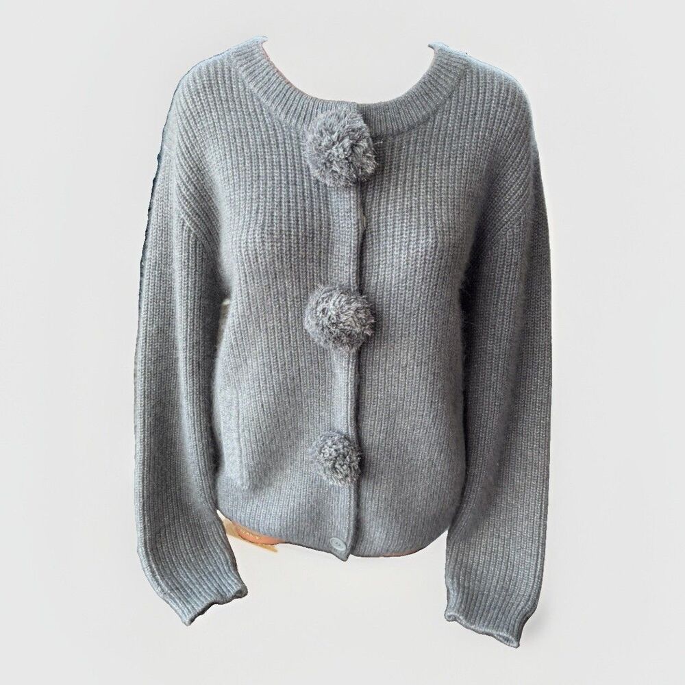 Marc by Marc Jacobs Gray Angora Pom Pom Cardigan NWT Size M Ribbed Knit Sweater